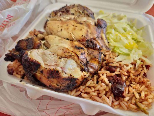 Jerk Chicken, Rice and Peas, Cabbage