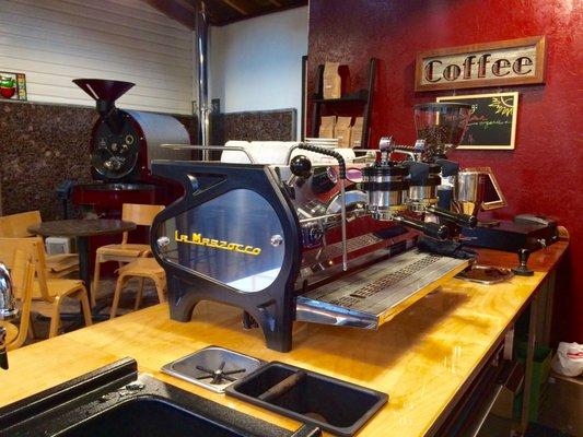 La Marzocco Strada MP and the 'ol Probat L12 at Floras Creek Coffee Co.