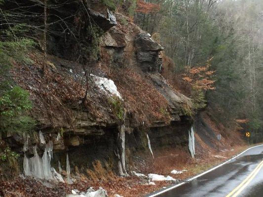 Ice in January coming off of the rocks