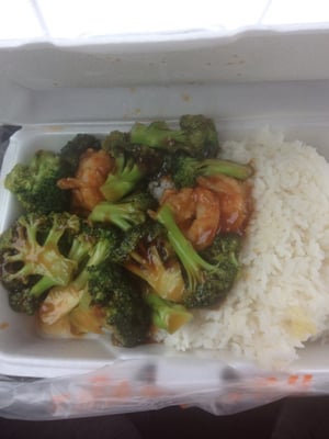 Shrimp and Broccoli with white rice -lunch size. I have since stop eating here when I was given rancid rice.