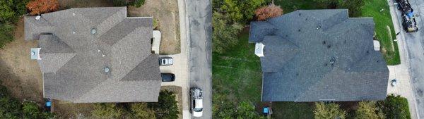 Before and After a roof replacement. the new roof show cases the black shadow pinnacle pristine shingle.