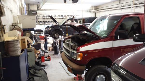 Inside our seven bay garage