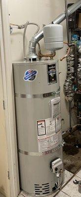 50 Gallon Tanked water heater install in mechanical room.