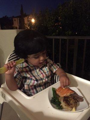 My son enjoying his mini-dish!  Chef Lisa spoiled him with this... baby-food no more!