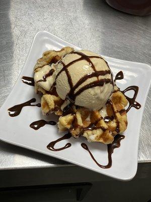 Belgian Waffle topped with Sea Salt Caramel Ice Cream