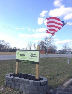 Church sign in front of New Beginnings.