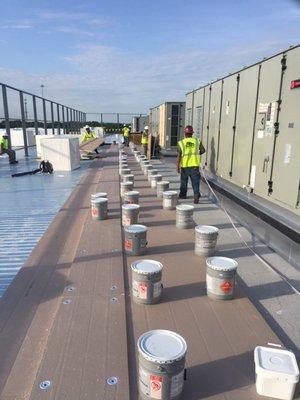 Installing the roof insulation over the steel roof deck.