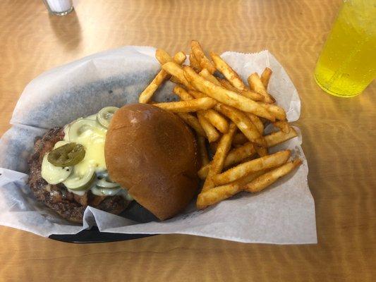 Spicy burger and fries