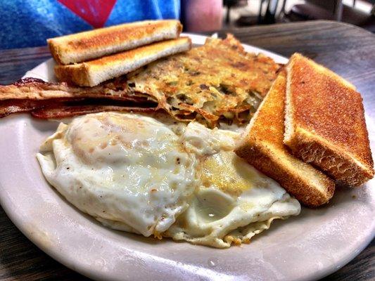 Bacon, Eggs and toast were good. Hash browns were questionable, skip them.