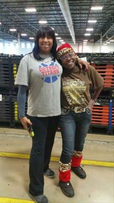 My friend  Denise and me having fun at work. Last day work for 2014. Thank you God for a good  job.