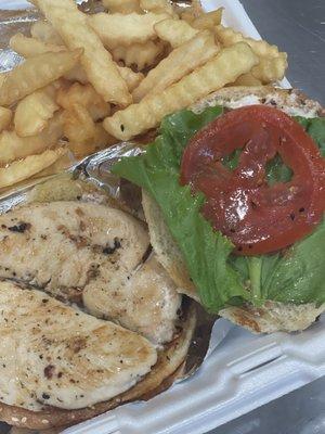 Grilled chicken sandwich with fries