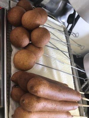 Hand dipped corn dogs and corn dog battered, mozzarella stuffed, boudin balls!