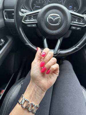 Hot pink. After my first manicure that last 4 weeks. Notice the growth my nails are so healthy!!