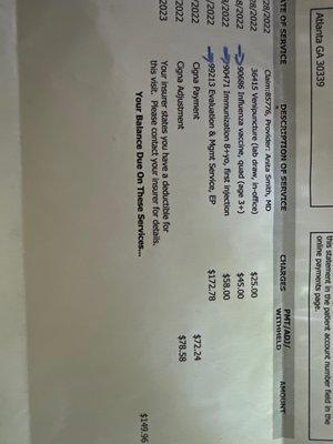 They charge for a influenza and to administer? Which makes no sense. They also make sure you pay full price for the visit to your insurance