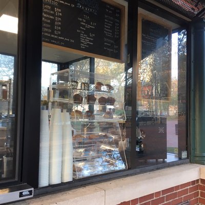 Coffees, a small case of muffins and pastries, and a select menu of bagels, salad, and other quick eats.