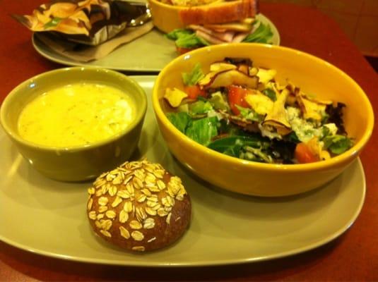 You Pick 2: Fuji Apple Chicken Salad w/ Broccoli Cheddar soup and a whole grain roll