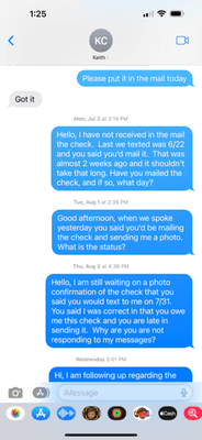 screenshot of texts sent to Keith where he did not respond