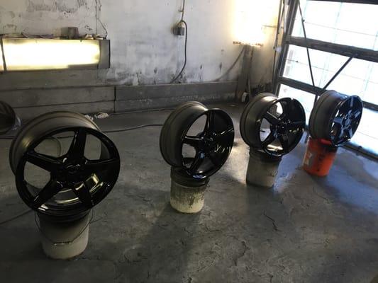 Freshly Painted Black Mercedes-Benz Rims ...Under the heat lamps for drying