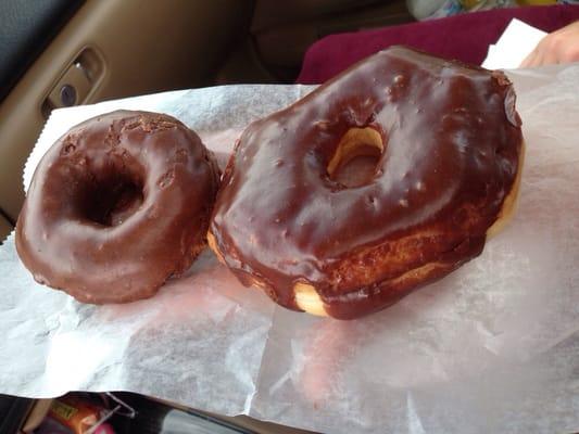 Big one is chocolate glazed & the other is double chocolate.