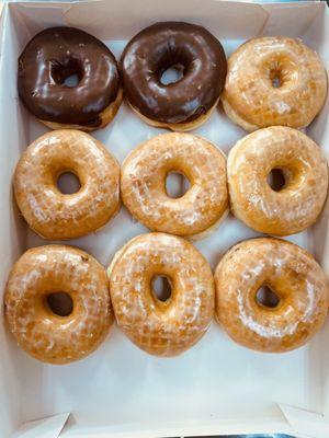 Chocolate frosted and glazed donuts