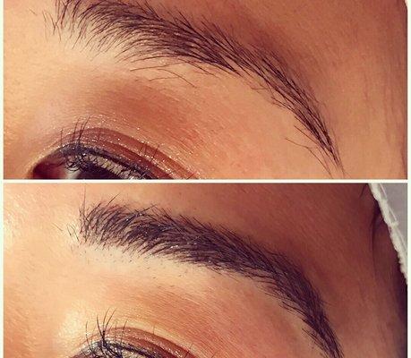 Closer up of microblading before + after