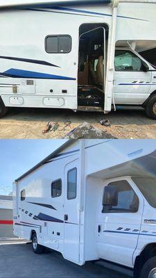 We removed and replaced the door on this Winnebago, fixed the structural frame and moldings, and repaired the metal step box.