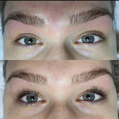 Brow wax and tint (after); lash lift and tint (before and after)