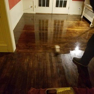 we do wood floor restoration sand stain and polyurethane