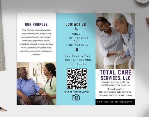 Our Signature Brochure. Scan our qr code to visit our website. Book Now with Total Care Services Today.