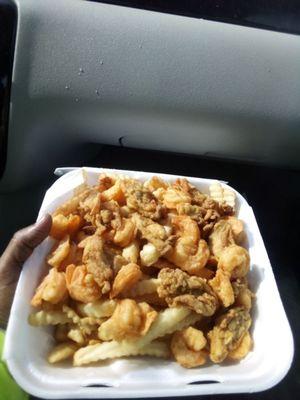 Fried shrimp and oysters with fries!