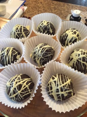 Carmella made some Lemon Italian Buttercream Cake Balls dipped in Belgian Chocolate. What a treat !