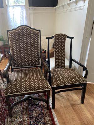 Reupholstered dining room chairs by Len.