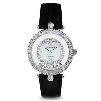 ''The Valentina'' - Black Genuine Leather Watch with Zirconia in 18K White Gold Plated Stainless Steel