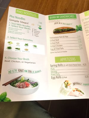 Menu - detailing Pho's and garnishes and banh mi sandwiches