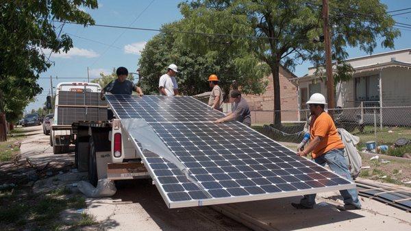 Employees ready for a solar panel installation.