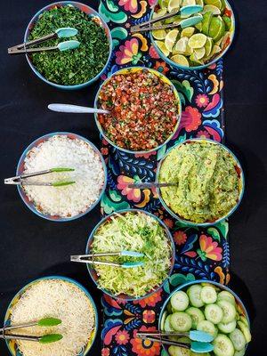 Garnishes for catering, Guac Pico de gallo Limes Onion/Cilantro Cucumbers Cheese