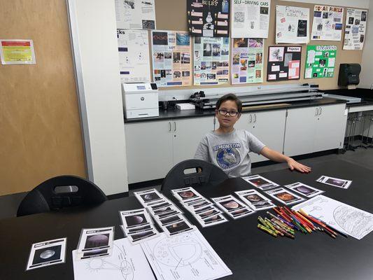 Activity room - arranging pictures of the planets and their respective moons in order.