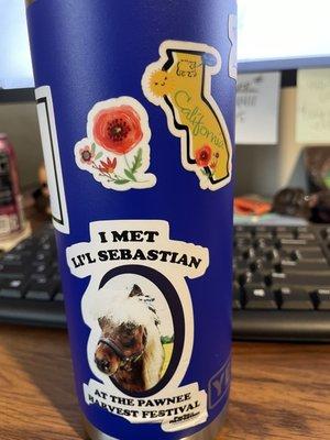 This is my water bottle. The sticker on the left says something about being dehydrated.