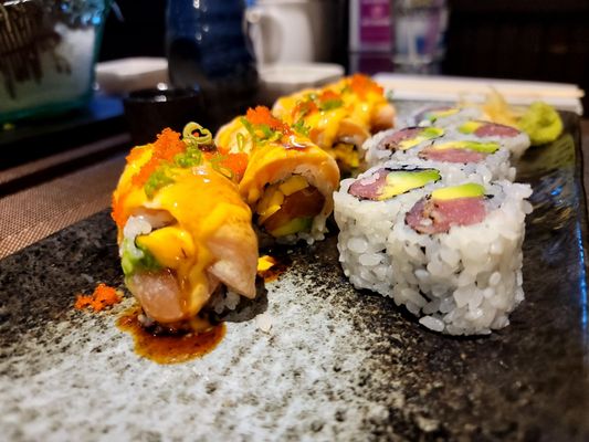 Pepper tuna avocado roll (right)  Big Kahuna roll (left)