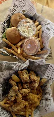 Oyster basket with Cajun fries and crab-cake basket with fries!