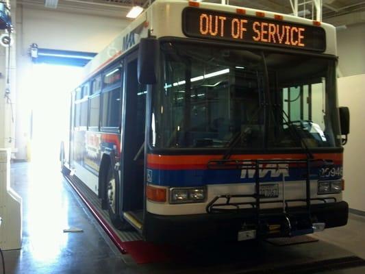 A bus in the maintenance bay