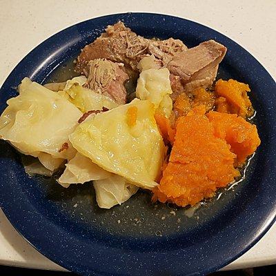 Roast pork, cabbage and candied yams