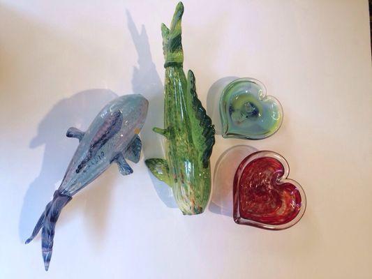 Glass hearts and fish at Piscataqua Fine Arts.