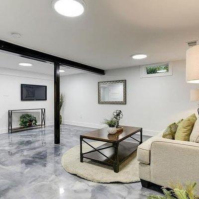 Rambler basement renovation with marble looking epoxy floor on concrete in basement