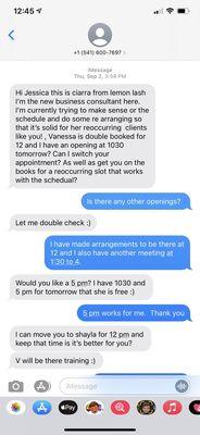 Text message between me and the business consultant rescheduling me multiple times and lied about Venessa got double booked.