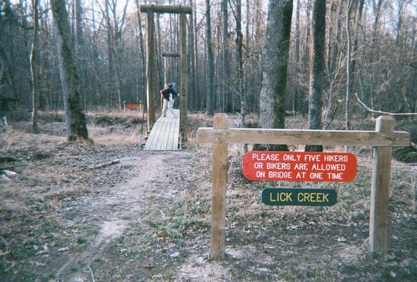 The Cane Creek Lake Trail has two suspension bridges between the trailhead and the campground.