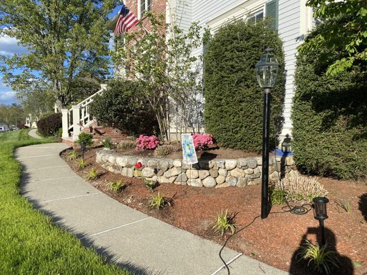 pathway leading to front door, new flowers, bush trimming, bed clean up