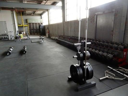 Gym/fitness area including free weights, kettlebells, Strongman logs, pullup/dip bars, medicine balls, stationary bikes, etc.