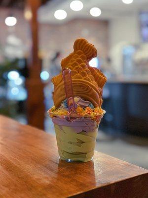 Matcha and taro Taiyaki Cone Ice Cream