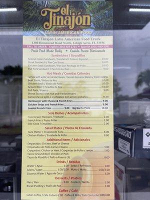 Menu at El Tinajón